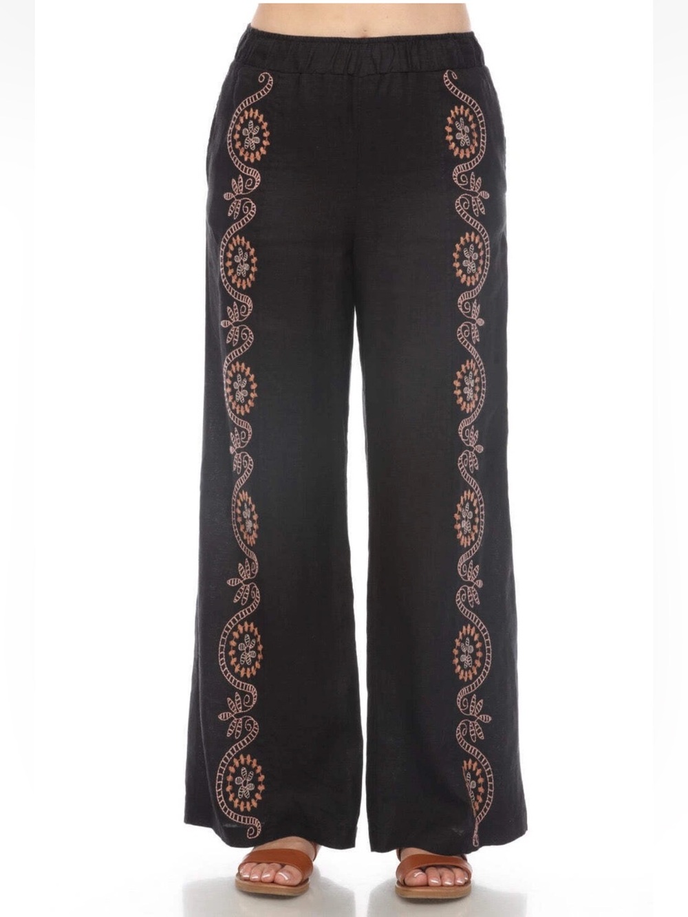 Johnny Was Los Angeles Linen Wide Leg Embroidered Pants Black Size Large